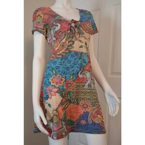 Peace + Love Owls Multi Color Short Sleeve V Neck Boho Mini Dress Women's Size M